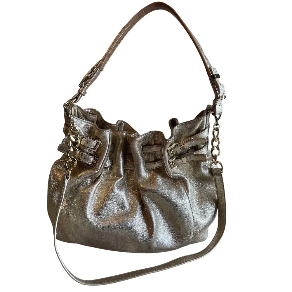 Michael Kors Vintage Y2K Metallic Bronze Leather Slouchy Hobo Bag Buckle Accent